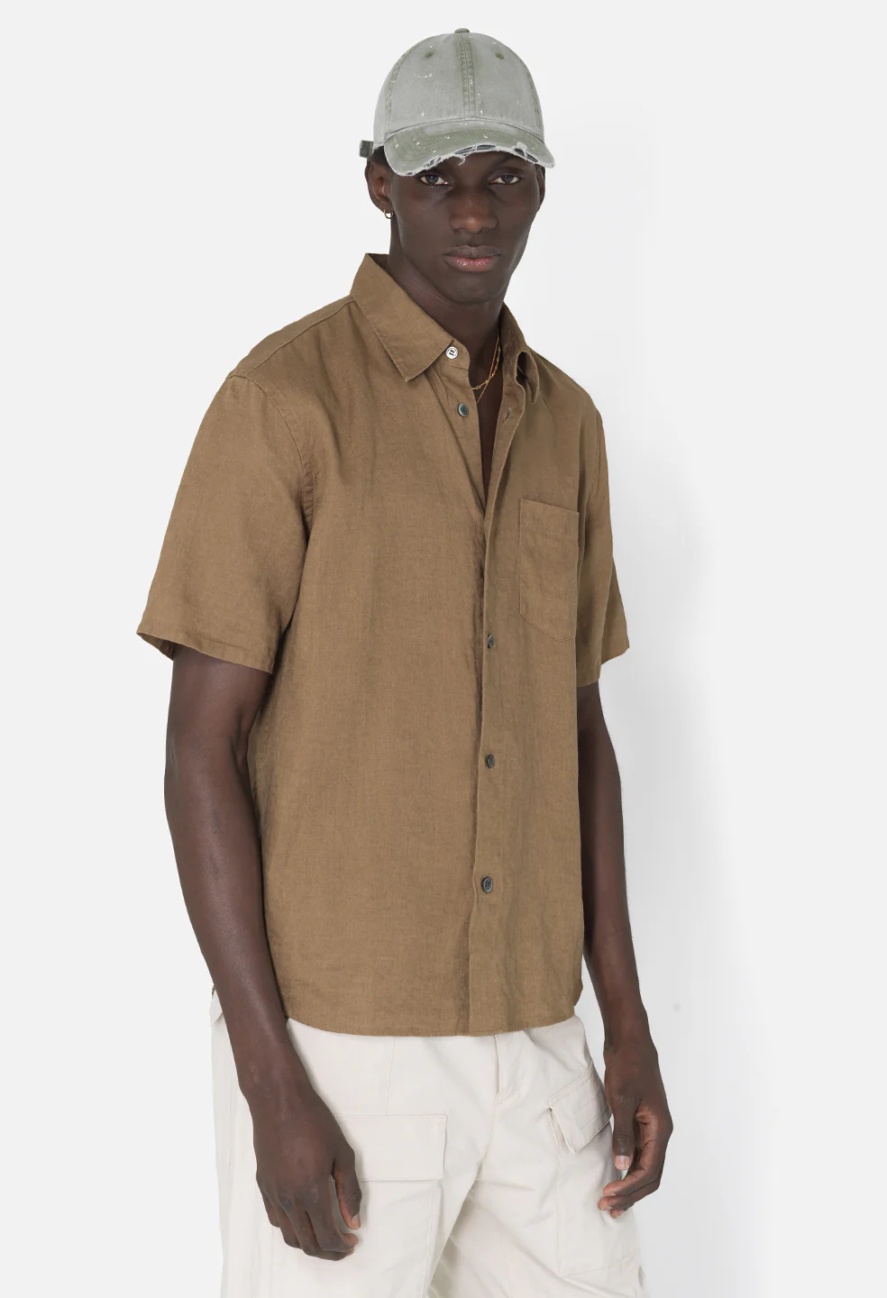Linen SS Cloak Button Up / Brown - Image 2