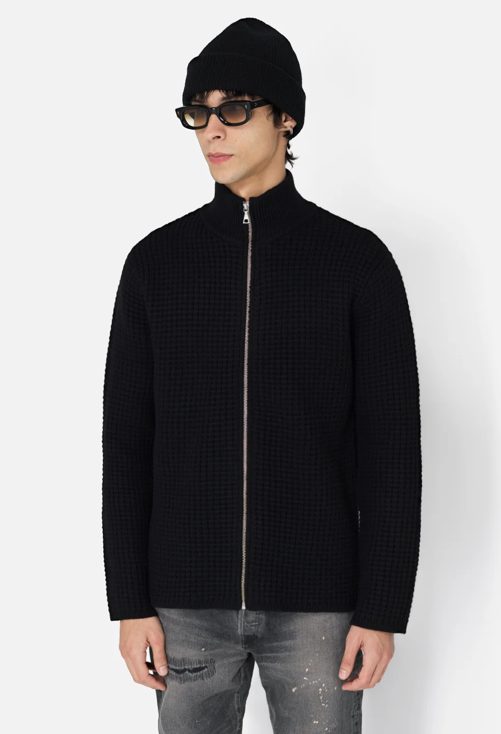 Wool Waffle Knit Full-Zip / Black - Image 2